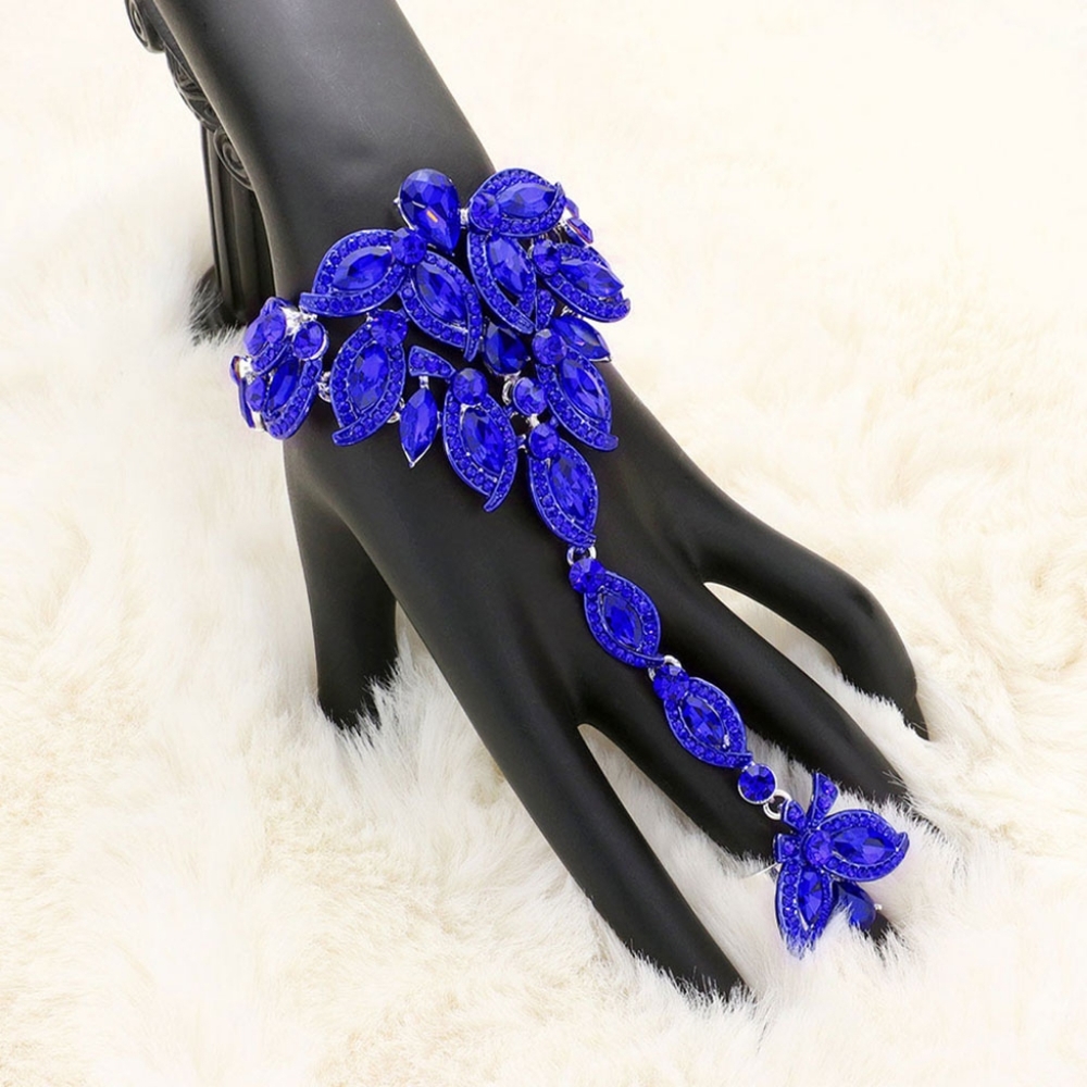 Sapphire Marquise Crystal Evening Hand Chain Bracelet Statement Jewelry Ring